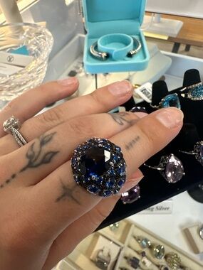 Blue Crystal Cocktail Ring Sterling Silver - Women Jewelry Size 8
